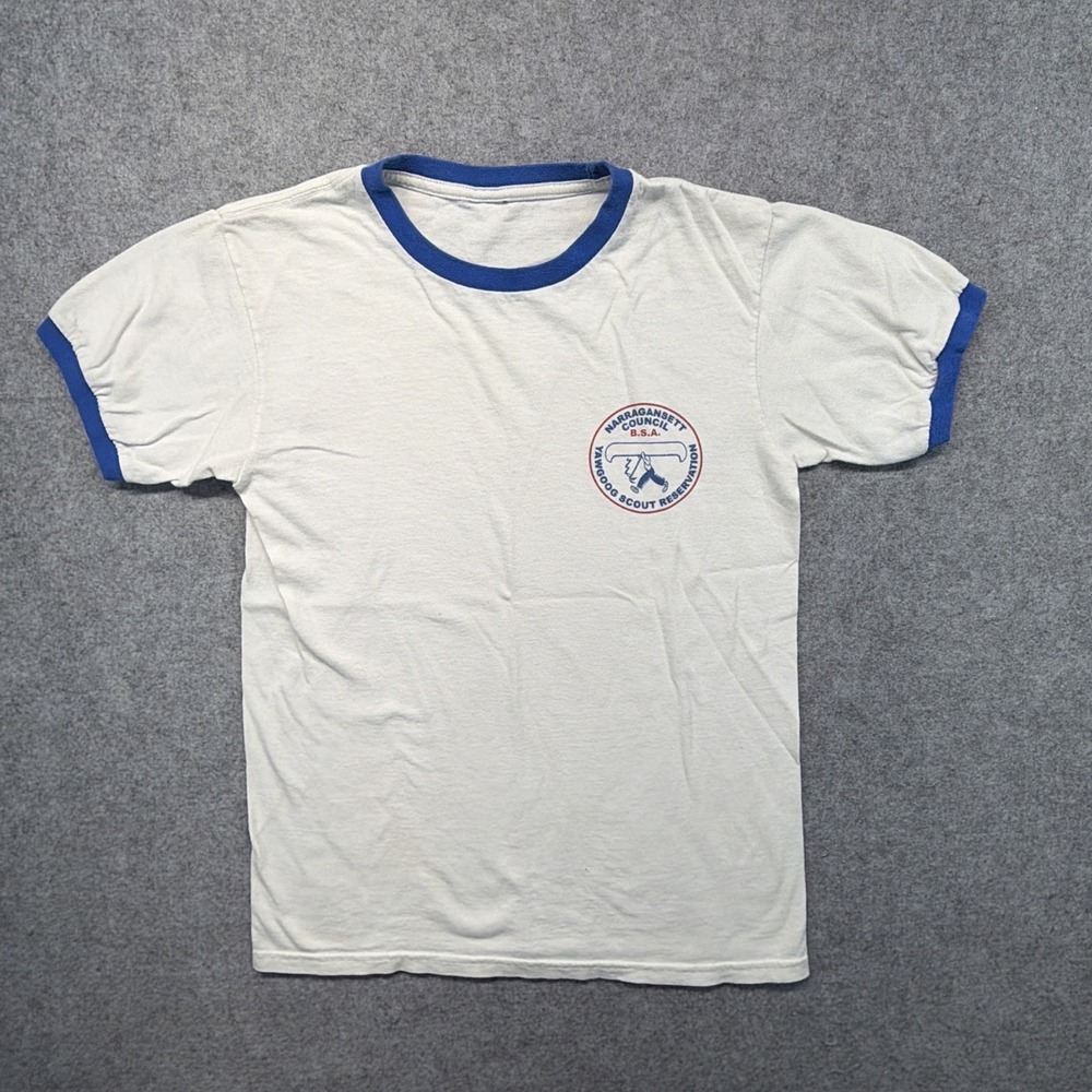 Vintage BSA Boy Scouts Of America Shirt Mens Small White Ringer Tee USA‎